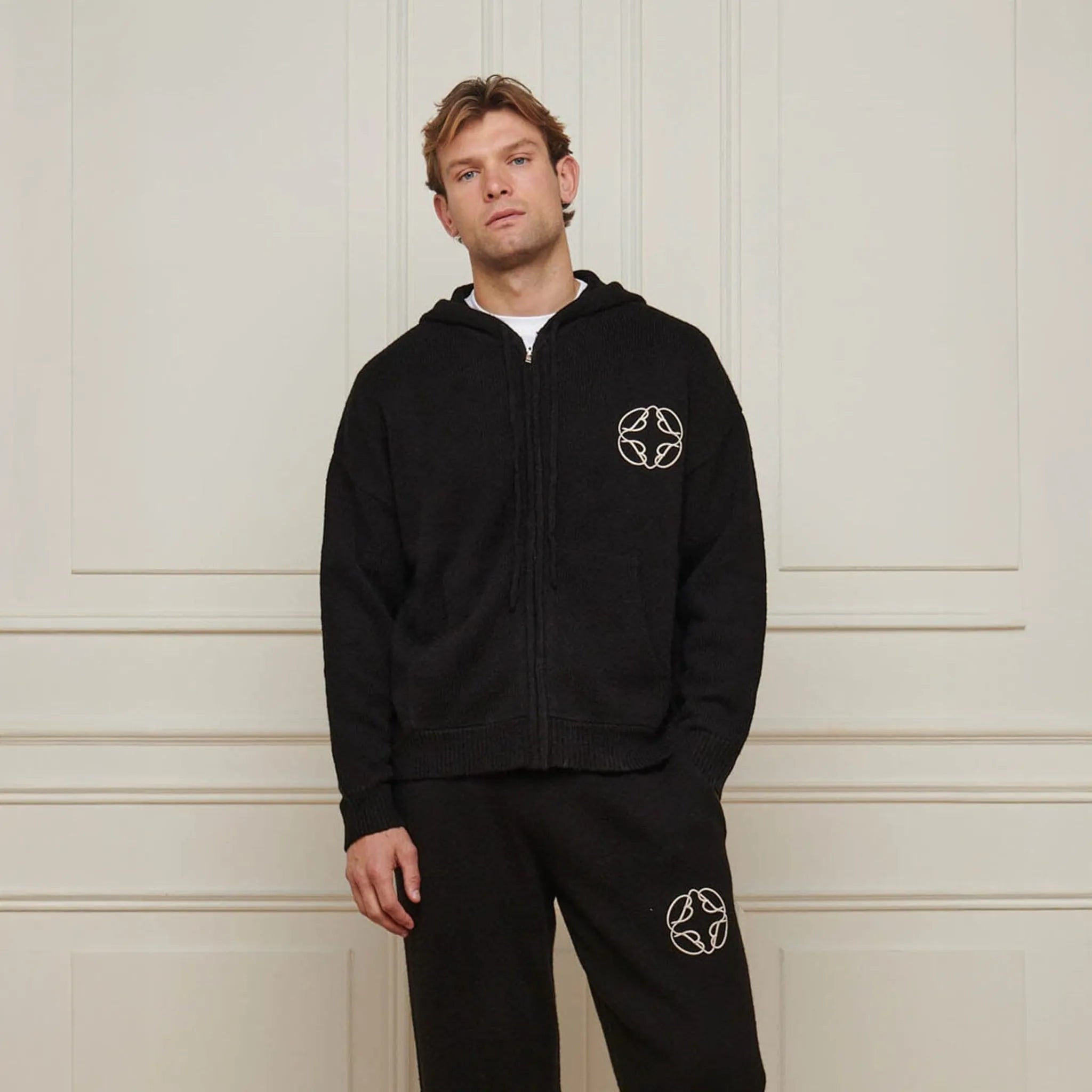 Detailed Model Front Side View of Belier Mohair Knit Black Hoodie